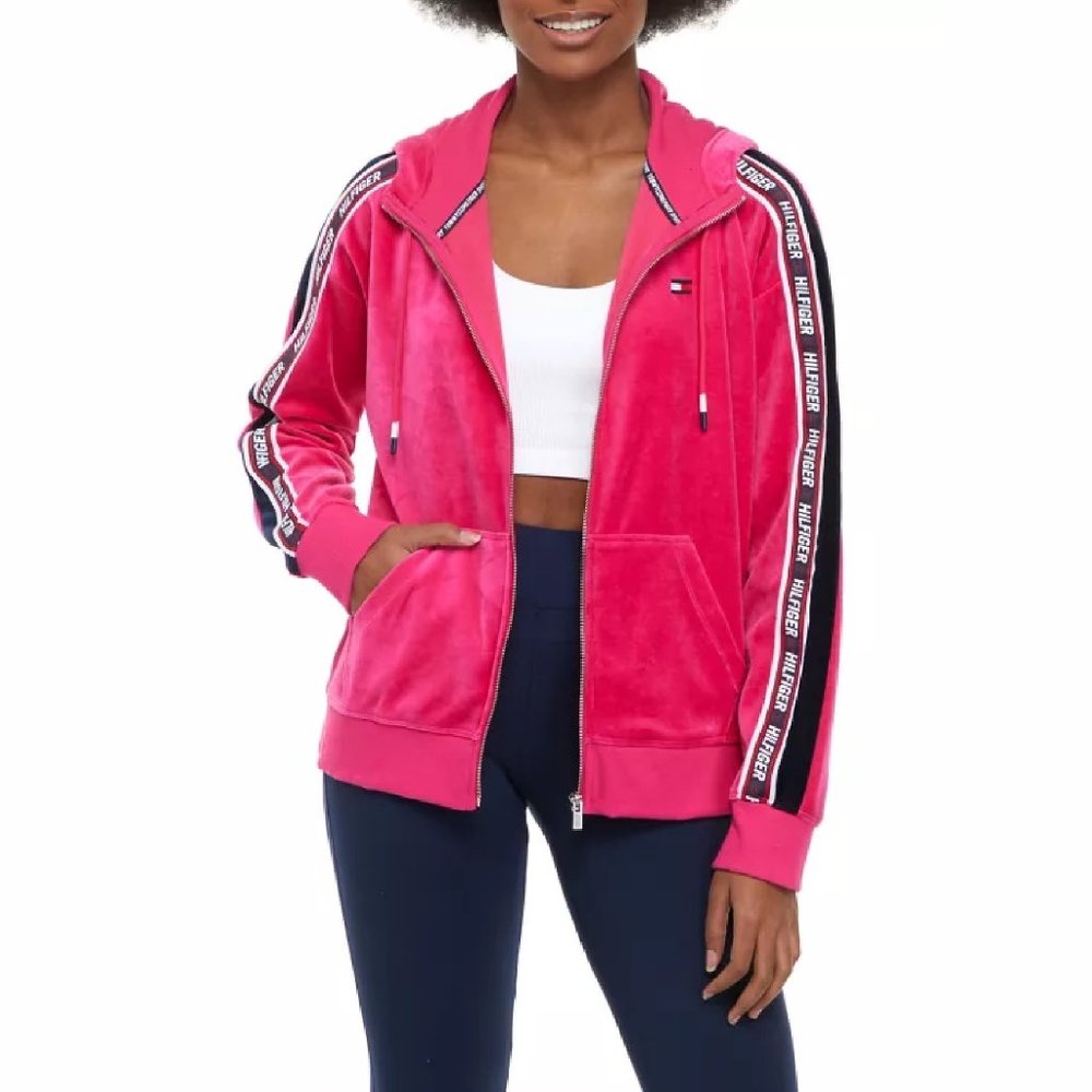 MAGENTA Tommy Hilfiger Sport Athleisure Velour Zip Up Jacket Contrast Logo Tape